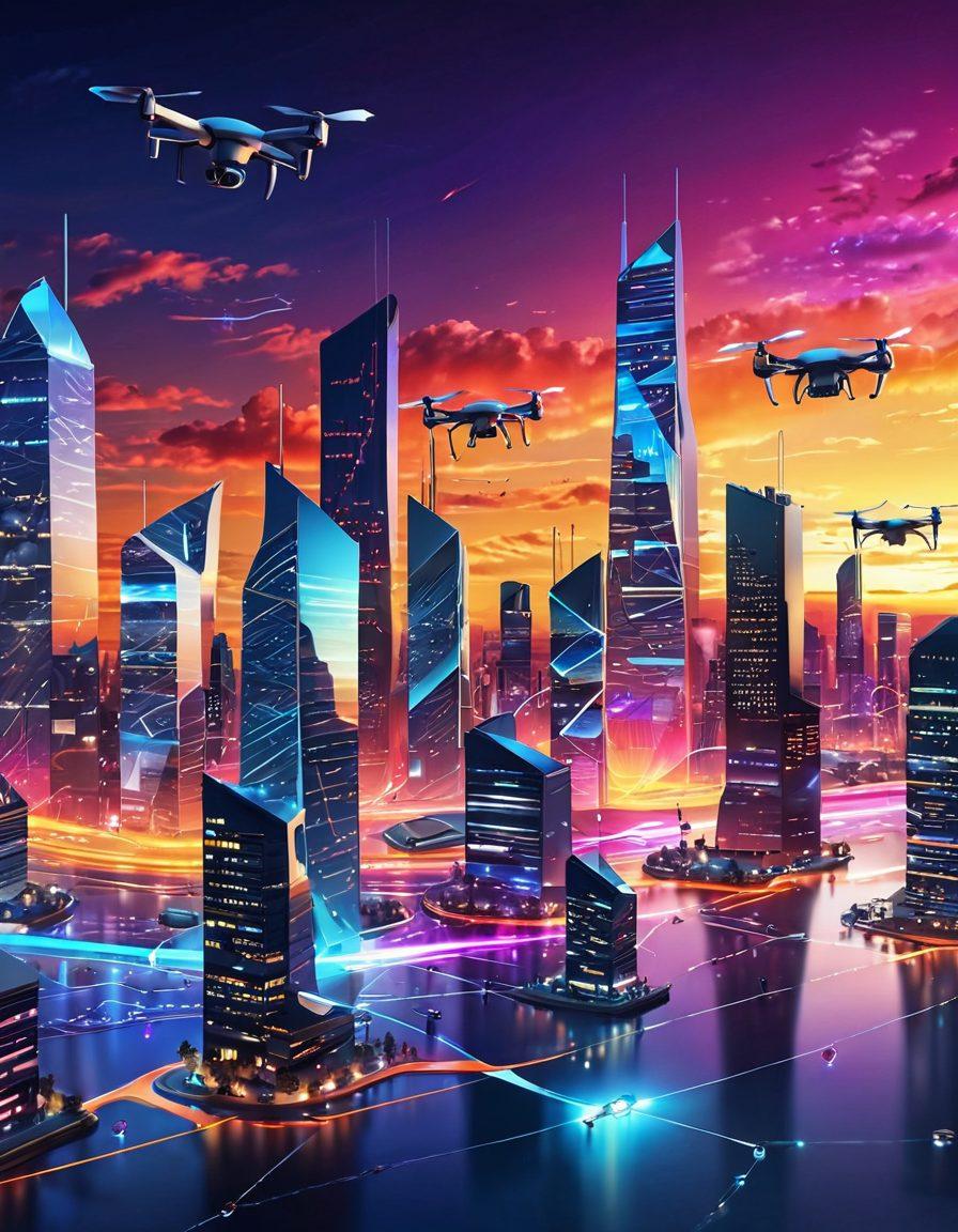 A futuristic cityscape featuring various wireless technologies in action, such as drones, smartphones, and sleek digital devices seamlessly connecting with one another. Bright signals and waves radiate between devices, symbolizing connectivity. Incorporate elements like cloud computing and data transfers visually represented through flowing lines. The skyline should have modern architecture and a vibrant sunset. vector art. vibrant colors. 3D.