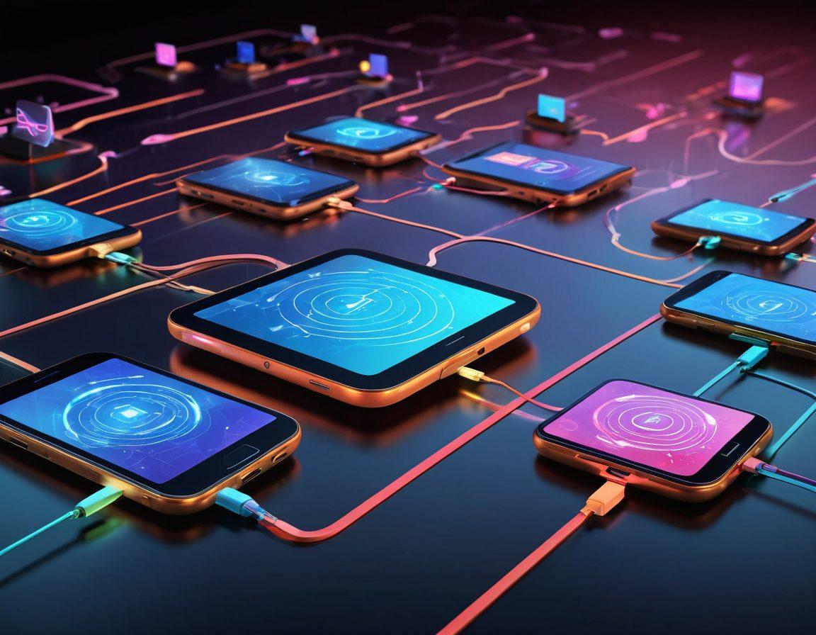 A dynamic illustration of multiple wireless devices interconnected through glowing digital lines, symbolizing seamless connectivity. In the background, a stylized representation of a digital download process with clouds and arrows, showcasing speed and efficiency. The color palette should be vibrant and modern, evoking a sense of innovation and technology. super-realistic. vibrant colors. 3D.