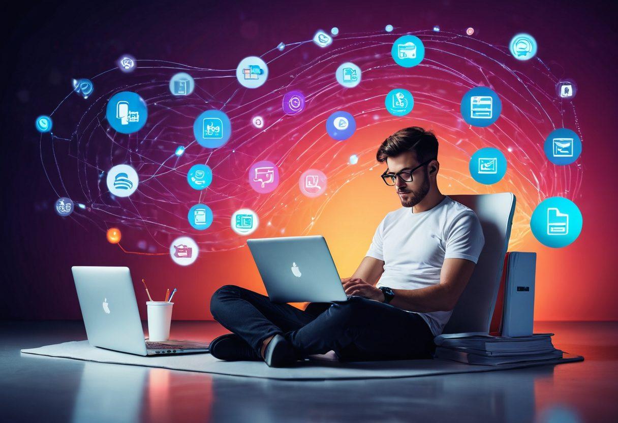 A futuristic blogger sitting in a cozy, modern workspace surrounded by floating digital files and wireless signals. The blogger is using a sleek laptop and has a vibrant digital interface displaying various downloadable content. The background features abstract representations of wireless technology and connectivity, with symbols of blogs and content streaming. The overall mood is energetic and innovative, showcasing the evolution of blogging in a wireless world. vibrant colors. 3D. digital art.